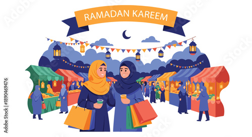 People shopping at Ramadan night market under lanterns, modern flat vector illustrating festive spirit and Islamic cultural celebration