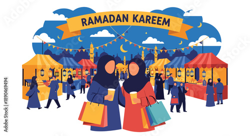 People shopping at Ramadan night market under lanterns, modern flat vector illustrating festive spirit and Islamic cultural celebration