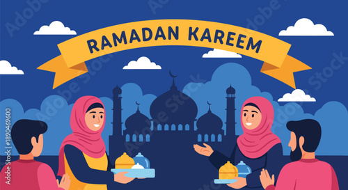 Volunteers distributing food during Ramadan, modern flat vector showing compassion, charity, and Islamic values of generosity