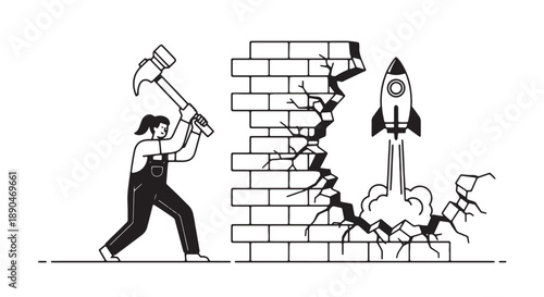 Person breaking through brick wall with hammer to launch rocket symbolizing innovation and progress