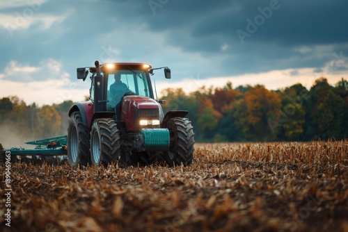 Farm vehicle works in mature crop field under partly cloudy sky during late afternoon in autumn landscape