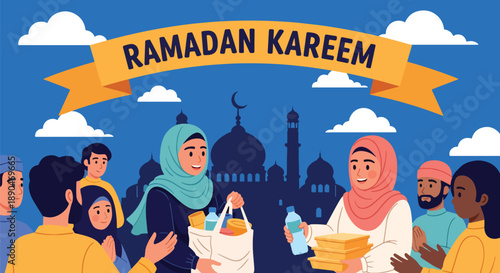 Volunteers distributing food during Ramadan, modern flat vector showing compassion, charity, and Islamic values of generosity