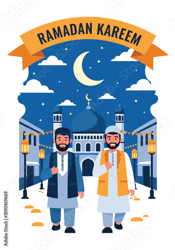 People walking to mosque for evening prayer during Ramadan, modern flat vector illustrating devotion, unity, and spiritual tradition