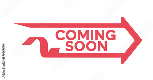 A red ribbon banner displays the text coming soon with an arrow shape