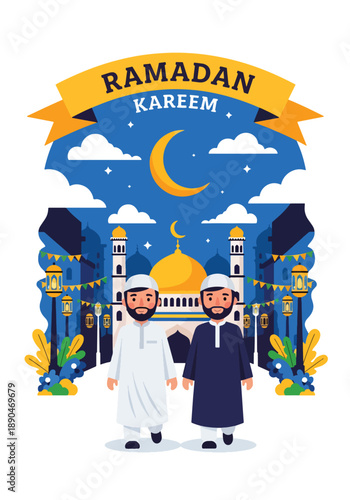 People walking to mosque for evening prayer during Ramadan, modern flat vector illustrating devotion, unity, and spiritual tradition