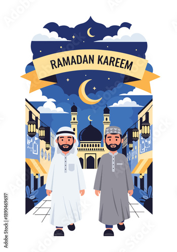 People walking to mosque for evening prayer during Ramadan, modern flat vector illustrating devotion, unity, and spiritual tradition