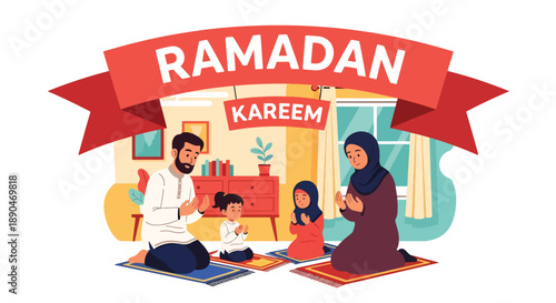 Parents teaching children how to pray during Ramadan, modern flat vector showing faith education and Islamic family values