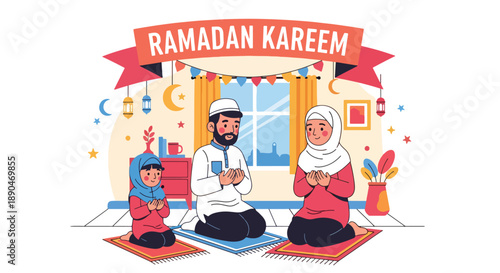 Parents teaching children how to pray during Ramadan, modern flat vector showing faith education and Islamic family values