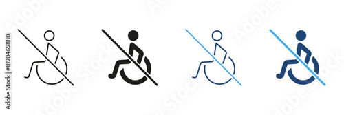 Wheelchair Accessibility Prohibited Line And Solid Icon Set. No Wheelchair Access, Restricted Entry, And Disability Limitations Symbol Collection. Isolated Vector Illustration