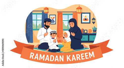 Parents teaching children how to pray during Ramadan, modern flat vector showing faith education and Islamic family values