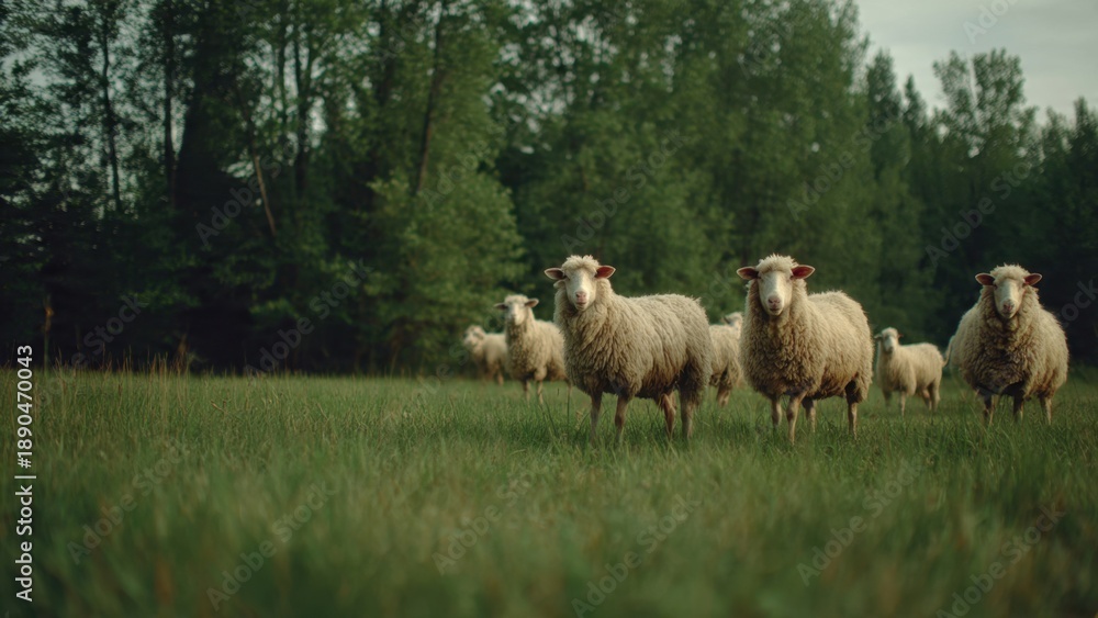 Fototapeta premium Sheep grazing in grassy field near forest.