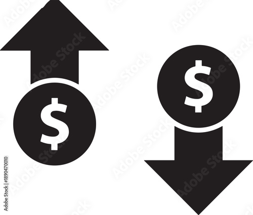 Black Dollar Coin with Up and Down Arrow Icons, Financial Growth and Market Decrease Vector Illustration, Business Economy Profit Loss,