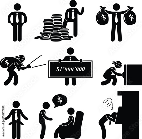 Black Business Finance Icons Set, Rich Man with Money Bags, Piles of Coins, Bank Robbery, and Debt Problems Vector Illustration,