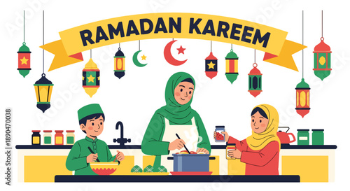 Woman preparing Ramadan food with family help, modern flat vector illustrating home tradition, care, and Islamic festive lifestyle
