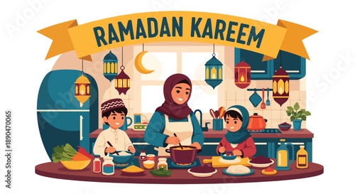 Woman preparing Ramadan food with family help, modern flat vector illustrating home tradition, care, and Islamic festive lifestyle