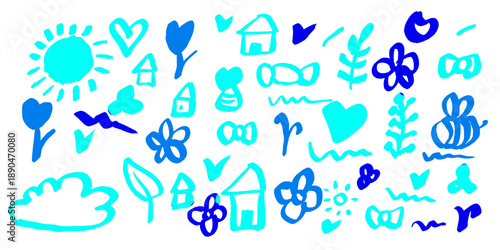 Blue and cyan hand drawn doodle illustration with hearts, flowers, sun, houses, bees and nature icons. Cute childish sketch background for kids design, education, posters, prints and creative decor.