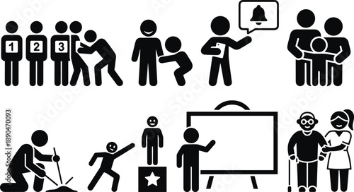 Black Silhouette People Icons Set, Family Care, Competition Numbers, Elderly Assistance, and Public Presentation Pictograms, Social Interaction Vector Illustration Design,