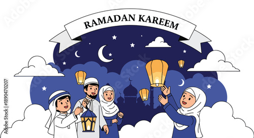 Children releasing decorative lanterns into the sky during Ramadan night, modern flat vector celebrating joy and festive tradition