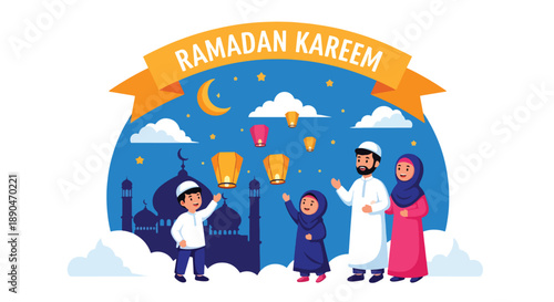 Children releasing decorative lanterns into the sky during Ramadan night, modern flat vector celebrating joy and festive tradition
