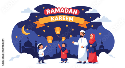 Children releasing decorative lanterns into the sky during Ramadan night, modern flat vector celebrating joy and festive tradition