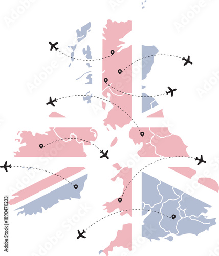 United Kingdom map combined with national flag design and flight route paths. Airplane icons show travel connections across major regions. Ideal for tourism, aviation, and destination marketing visual