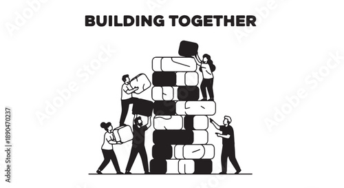 People building a tower with puzzle pieces together in teamwork and cooperation