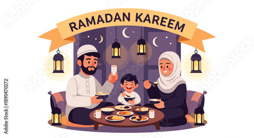 Family enjoying suhoor meal before dawn during Ramadan, modern flat vector illustrating togetherness and Islamic fasting tradition