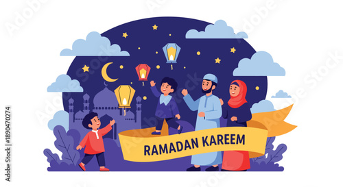 Children releasing decorative lanterns into the sky during Ramadan night, modern flat vector celebrating joy and festive tradition