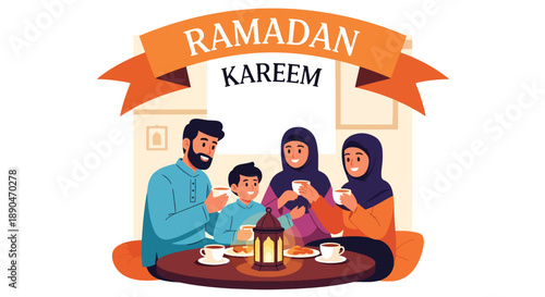 Family enjoying suhoor meal before dawn during Ramadan, modern flat vector illustrating togetherness and Islamic fasting tradition