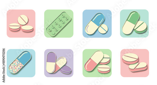 Colorful pharmaceutical pills collection in modern flat design with soft pastel backgrounds
