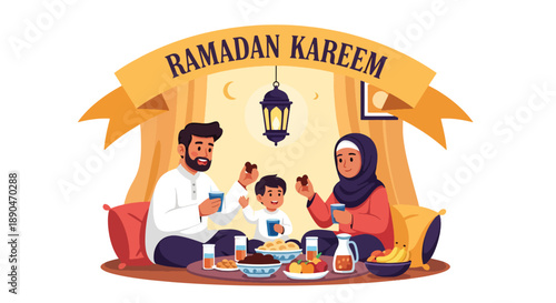 Family enjoying suhoor meal before dawn during Ramadan, modern flat vector illustrating togetherness and Islamic fasting tradition