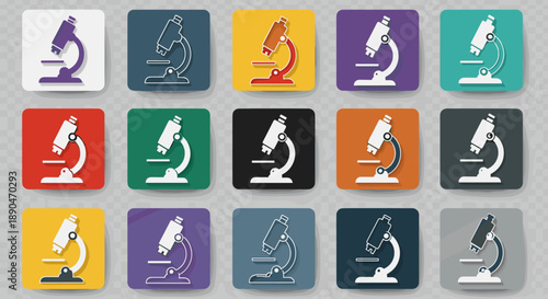 Colorful microscope icons in various flat design styles on gradient backgrounds