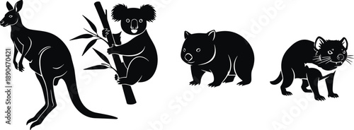 Black Silhouette of Australian Animals Set, Kangaroo Koala Wombat and Tasmanian Devil Vector Illustration, Wildlife Fauna and Nature Design Elements,