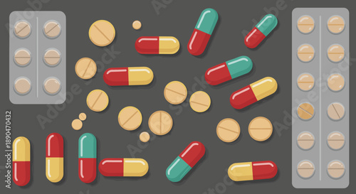 Assorted pills and capsules on transparent surface with blister packs