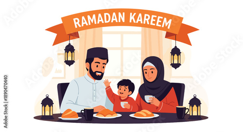 Family enjoying suhoor meal before dawn during Ramadan, modern flat vector illustrating togetherness and Islamic fasting tradition