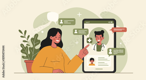 Virtual healthcare consultation concept with smartphone and patients in minimalist design