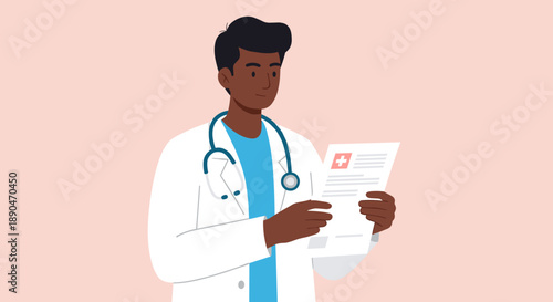 Male doctor in white coat with stethoscope reviewing medical document