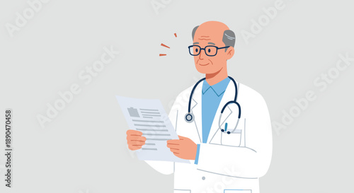 Elderly doctor with glasses reading medical document in office