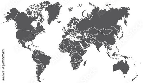 World map with detailed country borders and continents. World map with all countries and borders. Global world map showing country boundaries. world map, map, vector, icon