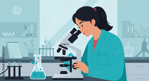 Young scientist examining sample in modern laboratory with microscope