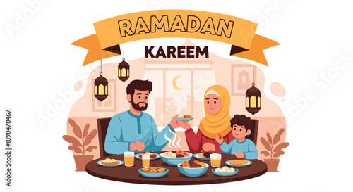 Family enjoying suhoor meal before dawn during Ramadan, modern flat vector illustrating togetherness and Islamic fasting tradition