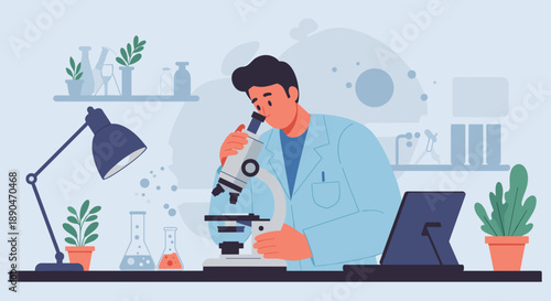 Scientist in laboratory examining samples with microscope in flat design illustration