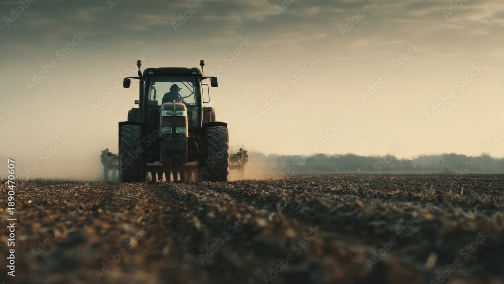 Fototapeta premium Tractor working the land in golden light