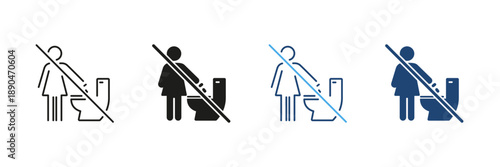 Person Pouring Substance Into Toilet With Prohibition Line And Solid Icon Set. Waste Disposal Restriction And Environmental Protection Symbol. No Littering In Toilets. Isolated Vector Illustration