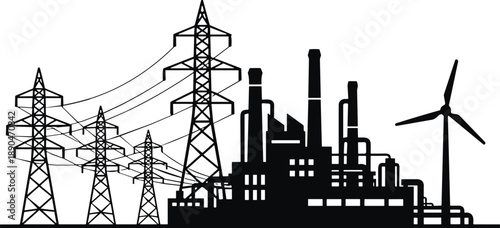 Black Silhouette of Industrial Power Plant with High Voltage Electric Pylons, Wind Turbine and Factory Energy Grid Infrastructure Vector Illustration,