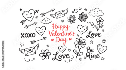 Valentine doodle set with hand drawn hearts flowers and typography