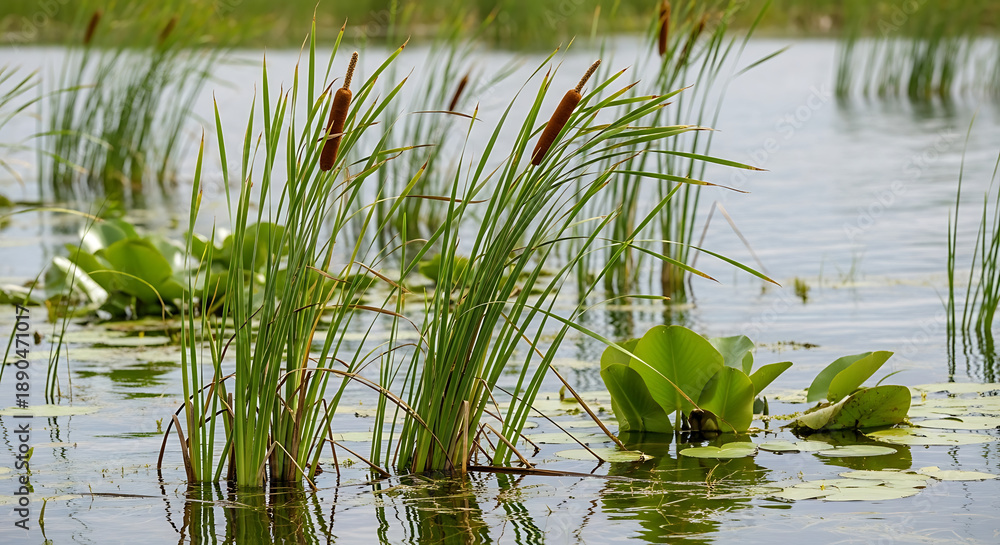 Fototapeta premium Serene aquatic scene with lush greenery and water plants reflected in calm waters