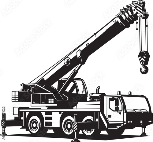 Black and white silhouette of a professional mobile truck crane vehicle isolated on white background for heavy construction industrial lifting and building site project management.