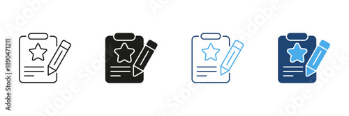 Clipboard With Star And Pencil Line And Solid Icon Set. Feedback, Review, And Evaluation Outline And Silhouette Symbol Collection. Quality Assessment And Rating. Isolated Vector Illustration