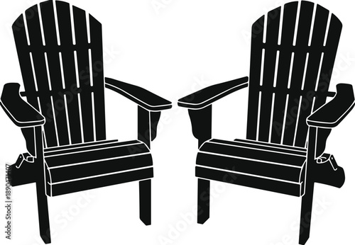 Black Silhouette of Two Adirondack Chairs, Wooden Garden Furniture Vector Illustration, Outdoor Leisure and Patio Relaxation Design Elements for Summer,